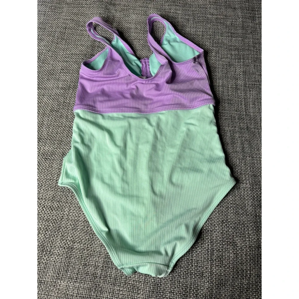 Justice Beach Girls One Piece Swimsuit Purple Mint Ribbed Ruched Halter XL 14/16